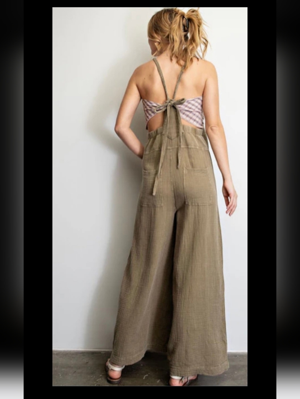Easel Olive Wide-Leg Cotton Jumpsuit - Picture 2 of 4